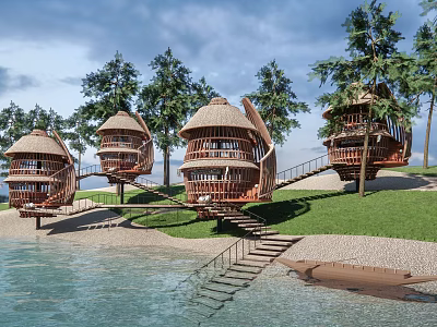 Wooden Tree Houses on Scenic Waterfront with Stairs Among Green Trees 3d model