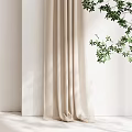 Beige Linen Curtains In Modern Interior With Floor Lamp And Green Plant
