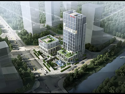 Modern High Rise Office Building With Rooftop Garden Surrounded By Greenery And River 3d model