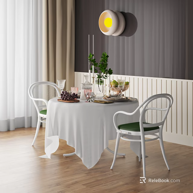 Stylish Dining Table Set With White Tablecloth Green Cushioned Chairs And Decorative Plants 3d model 