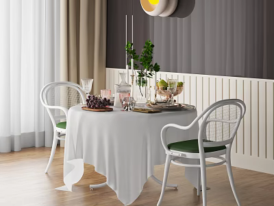 Stylish Dining Table Set With White Tablecloth Green Cushioned Chairs And Decorative Plants 3d model