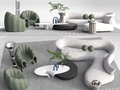 Modern Curved Sofa and Coffee Table Set With Green Plants Side Tables And Rug 3d model