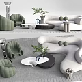 Modern Curved Sofa and Coffee Table Set With Green Plants Side Tables And Rug