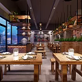 Rustic Restaurant Interior Featuring Wooden Tables Benches Brick Stone Walls And Hanging Lanterns