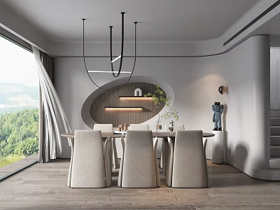 Modern Restaurant Interior Design With Dining Table Chairs Pendant Lights And Scenic View 3d model