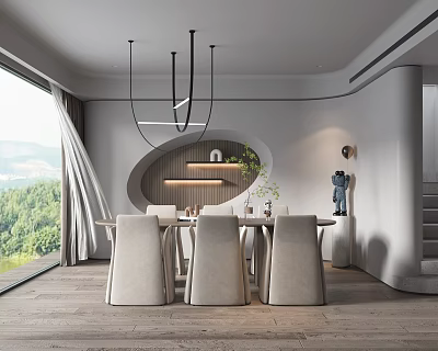 Modern Restaurant Interior Design With Dining Table Chairs Pendant Lights And Scenic View 3d model