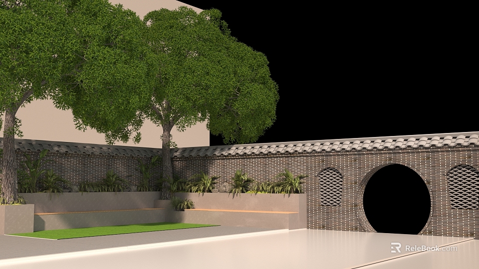 Garden Leisure Chair with Green Trees Brick Wall Round Archway Grass Lawn and Stone Steps 3d model 