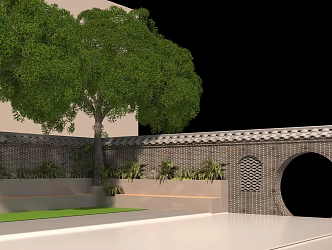 Outdoor Leisure Chair New Chinese Eaves Tree Pool Green Planting 3d model