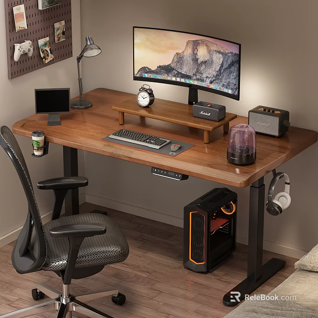 Wooden Office Desk Setup With Monitor Keyboard Clock Lamp Speaker And Ergonomic Chair 3d model 