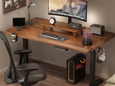 Wooden Office Desk Setup With Monitor Keyboard Clock Lamp Speaker And Ergonomic Chair 3d model