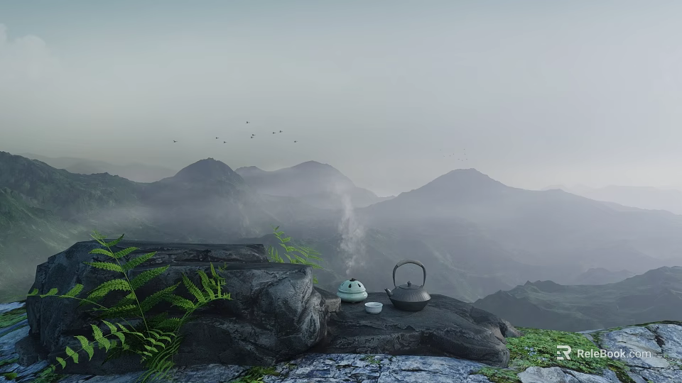 Serene Mountain Landscape With Misty Peaks Teapot Cup Ferns On Rocks And Birds 3d model 