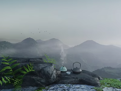 Serene Mountain Landscape With Misty Peaks Teapot Cup Ferns On Rocks And Birds 3d model