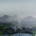 Serene Mountain Landscape With Misty Peaks Teapot Cup Ferns On Rocks And Birds