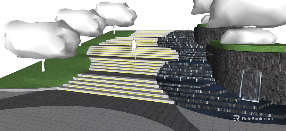 Outdoor Staircase With Yellow Steps In Natural Lawn Setting And Clouds 3d model 