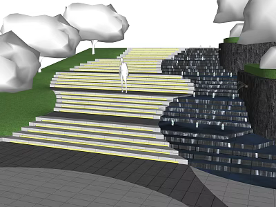 Outdoor Staircase With Yellow Steps In Natural Lawn Setting And Clouds 3d model