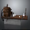 Vintage Copper Distillation Equipment On Wooden Table With Glass Apparatus And Small Containers