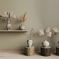 Natural Rustic Vases with Dried Flowers on Wooden Shelf and Tree Stump Bases