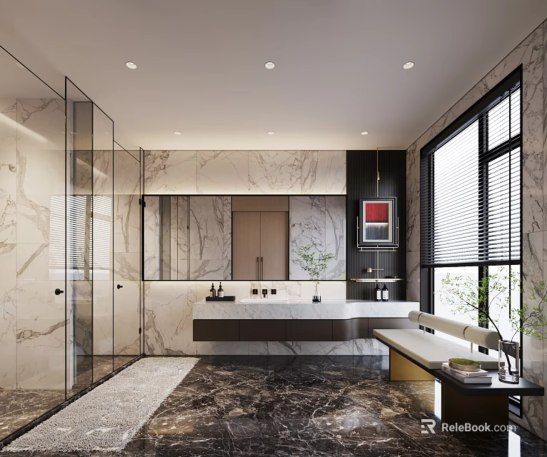 Sleek Modern Bathroom Interior Featuring Marble Surfaces Glass Shower Large Window Vanity Mirror And Bathtub 3d model 