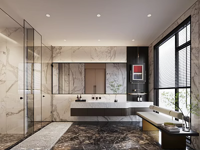 Sleek Modern Bathroom Interior Featuring Marble Surfaces Glass Shower Large Window Vanity Mirror And Bathtub 3d model