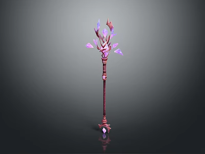Magic Staff With Red Textured Shaft And Purple Crystal Spikes For Fantasy Role Playing Games 3d model