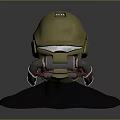 Golden Military Style Helmet Sculpture With Transparent Visor And Side Breathing Apparatus On Black Display Base