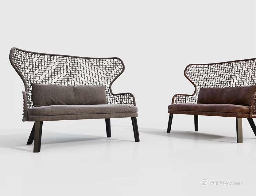 Modern Minimalist Single Sofa With Woven Frame Brown Gray Cushioned Seat And Black Wooden Legs 3d model 