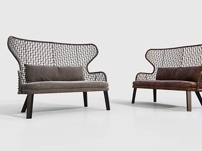 Modern Minimalist Single Sofa With Woven Frame Brown Gray Cushioned Seat And Black Wooden Legs 3d model