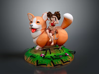 Cute Corgi and Little Girl Riding Doll with Green Grass Base and Small Flowers 3d model