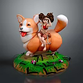 Cute Corgi and Little Girl Riding Doll with Green Grass Base and Small Flowers