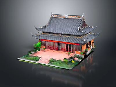 Traditional Chinese Architecture Model with Curved Eaves Black Tiles Red Pillars and Garden Surroundings 3d model