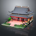 Traditional Chinese Architecture Model with Curved Eaves Black Tiles Red Pillars and Garden Surroundings