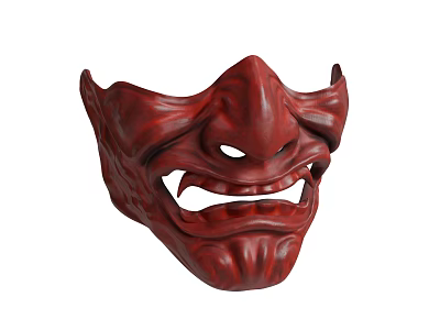 Traditional Japanese Red Mask With Fierce Expression And Carved Details 3d model
