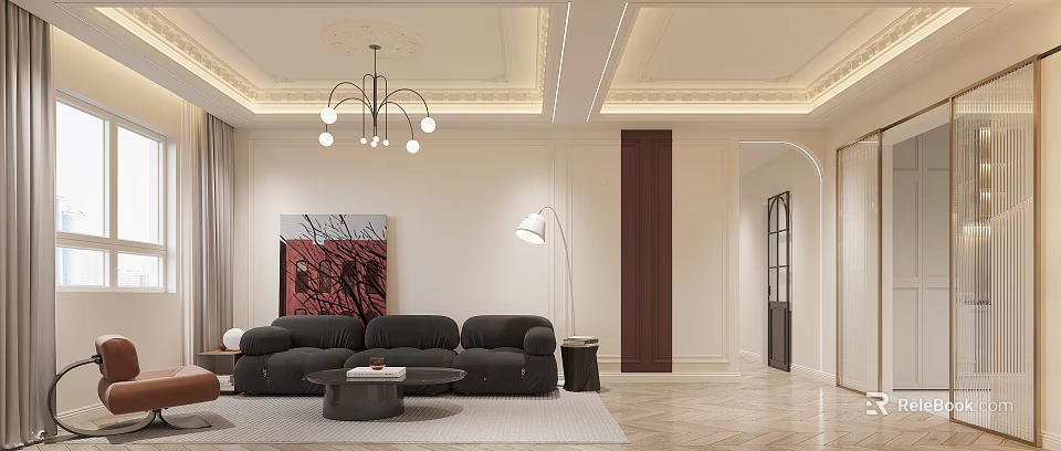 Modern Living Dining Room Interior With Open Concept Black Sofa Chandelier And White Walls 3d model 