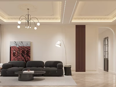 Modern Living Dining Room Interior With Open Concept Black Sofa Chandelier And White Walls 3d model