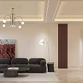 Modern Living Dining Room Interior With Open Concept Black Sofa Chandelier And White Walls