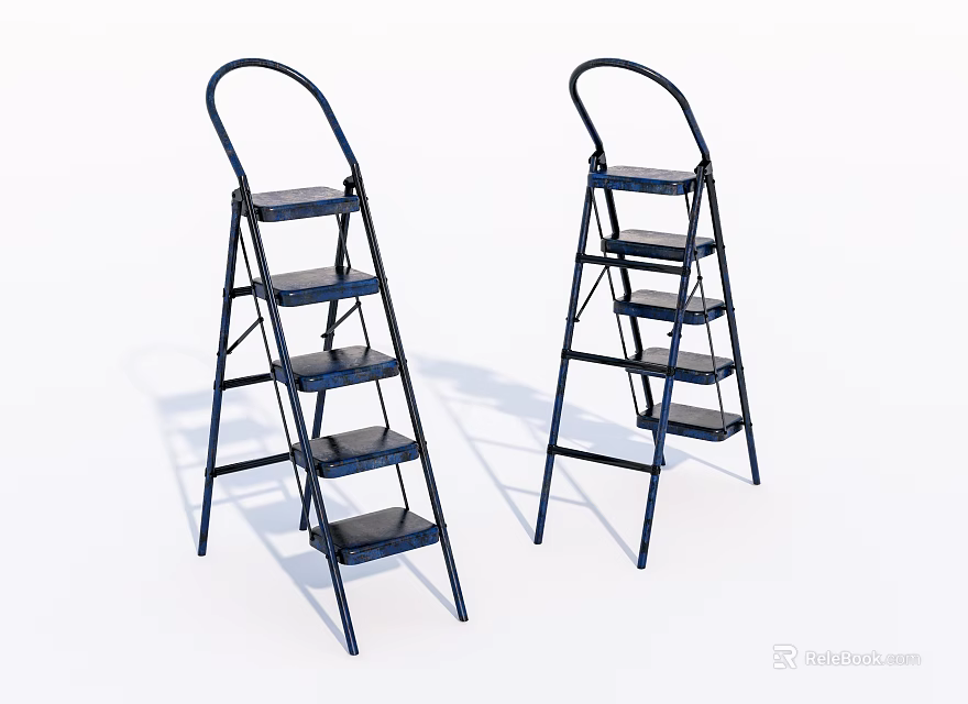 Blue Folding Ladders For Household Use With Metal Steps And Sturdy Design 3d model 
