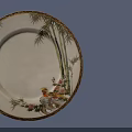 Decorative Porcelain Plate Design With Bamboo Motifs Bird Figure And Gold Rim Details