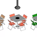 Square Dining Tables With Round Center Holes And Multicolored Chairs In Yellow Red Green