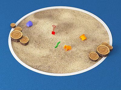 Garden Ornamental Design With Circular Sand Pit Sand Wooden Logs And Colorful Tools 3d model