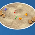 Garden Ornamental Design With Circular Sand Pit Sand Wooden Logs And Colorful Tools