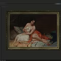 Vintage Figure Painting Featuring Female With White Goat Red Dress And Golden Frame