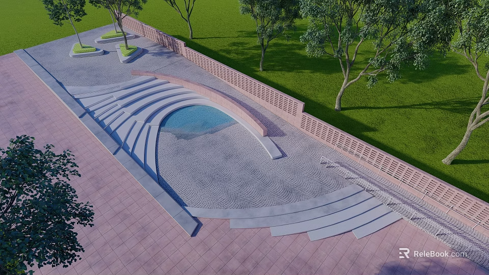 Park Landscape with Curved Water Feature Stone Steps Pathways Green Lawns and Trees 3d model 