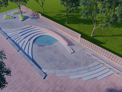 Park Landscape with Curved Water Feature Stone Steps Pathways Green Lawns and Trees 3d model