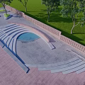 Park Landscape with Curved Water Feature Stone Steps Pathways Green Lawns and Trees