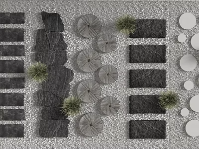 Garden Accents With Various Shaped Stone Slabs Circular Ornaments And Small Green Plants 3d model