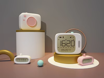 Modern Digital Clocks With Multiple Colorful Designs Showing Time On Desktop 3d model