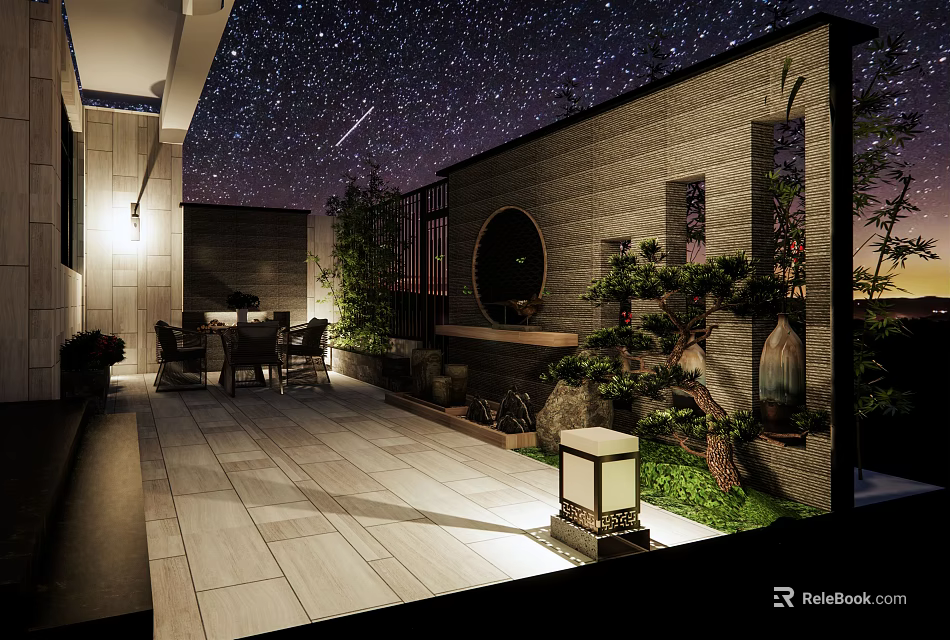 Starry Sky Night Courtyard Garden With Chinese Style Stone Pavement Green Plants And Stone Lantern 3d model 