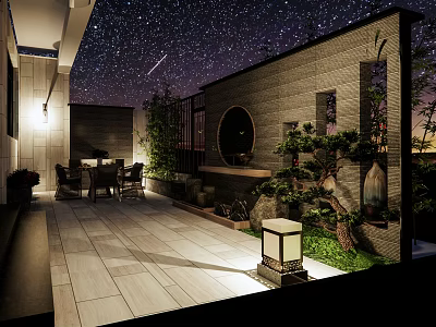 Starry Sky Night Courtyard Garden With Chinese Style Stone Pavement Green Plants And Stone Lantern 3d model