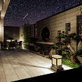 Starry Sky Night Courtyard Garden With Chinese Style Stone Pavement Green Plants And Stone Lantern
