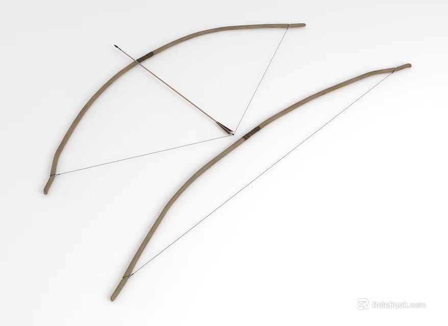 Two Traditional Wooden Bows With String And Curved Structure For Archery 3d model 